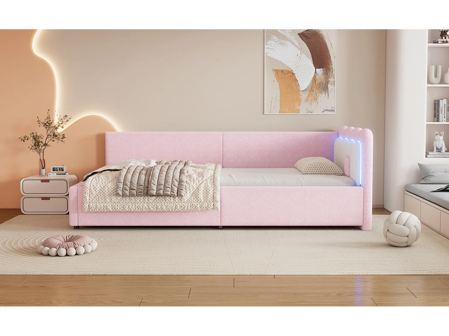 Lit banquette 90x200 cm rose avec LED et télécommande, structure avec sommier, tissu imitation laine doux