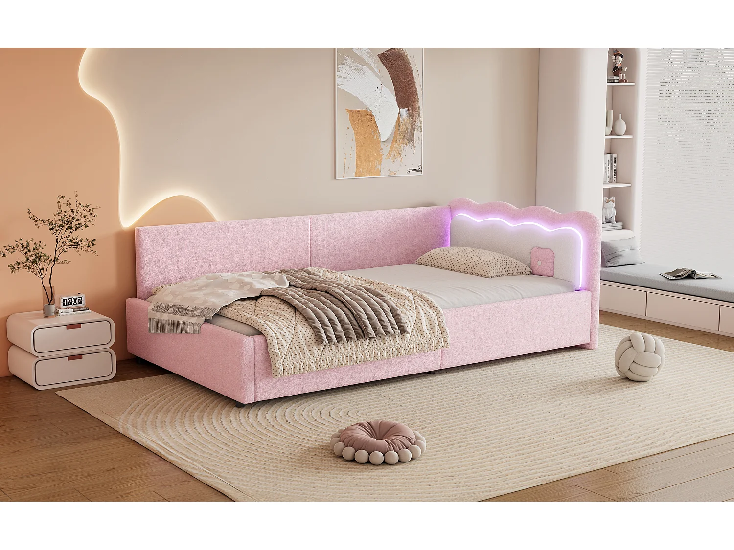 Lit banquette 90x200 cm rose avec LED et télécommande, structure avec sommier, tissu imitation laine doux