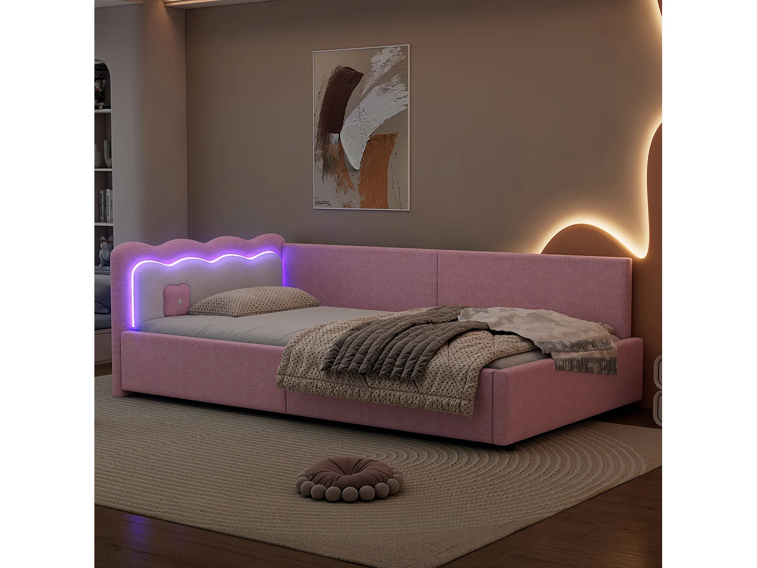 Lit banquette 90x200 cm rose avec LED et télécommande, structure avec sommier, tissu imitation laine doux