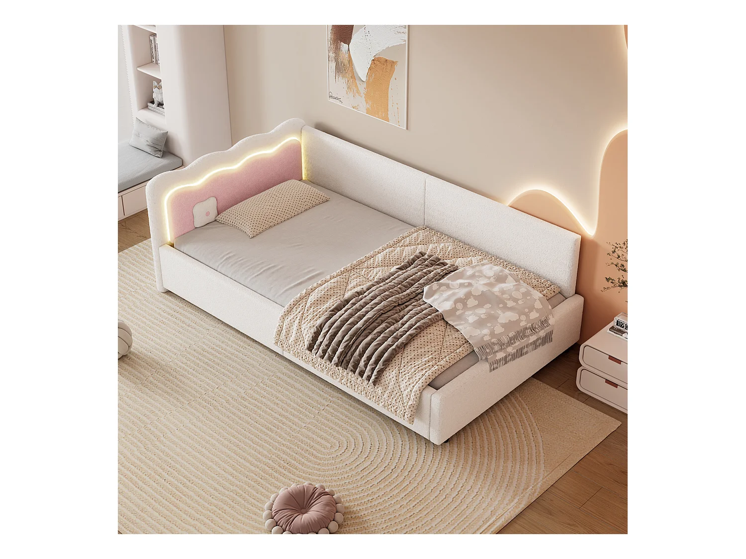 Lit banquette 90x200 cm blanc avec LED et télécommande, sommier inclus, revêtement doux imitation laine