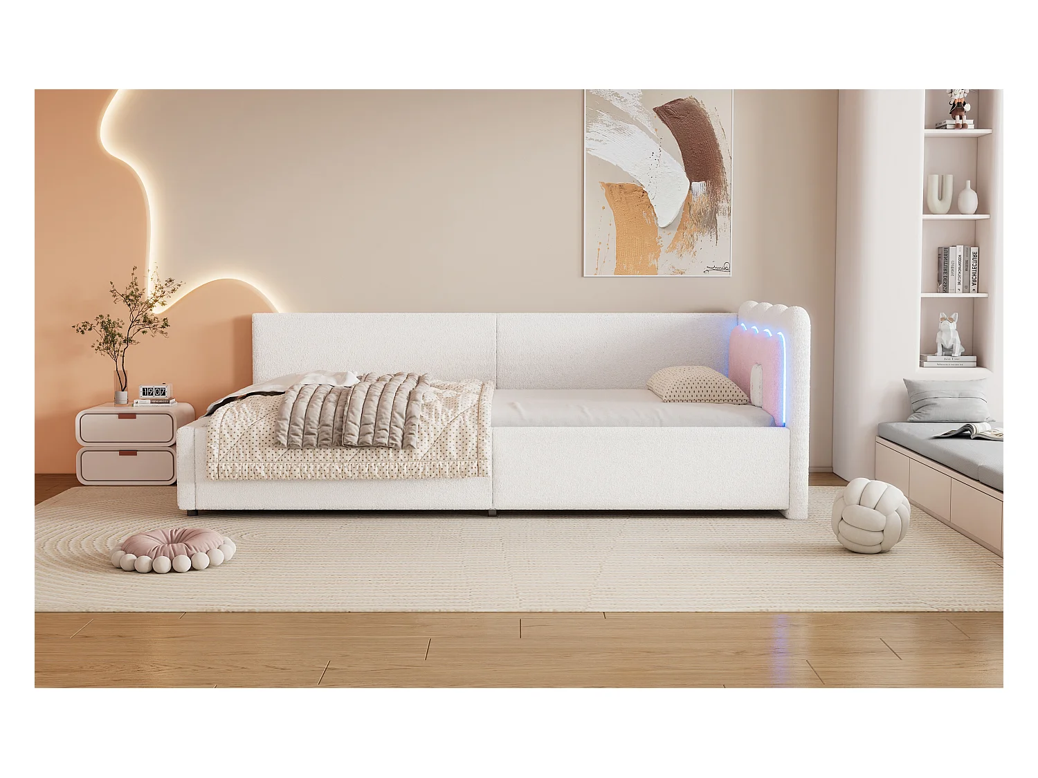 Lit banquette 90x200 cm blanc avec LED et télécommande, sommier inclus, revêtement doux imitation laine