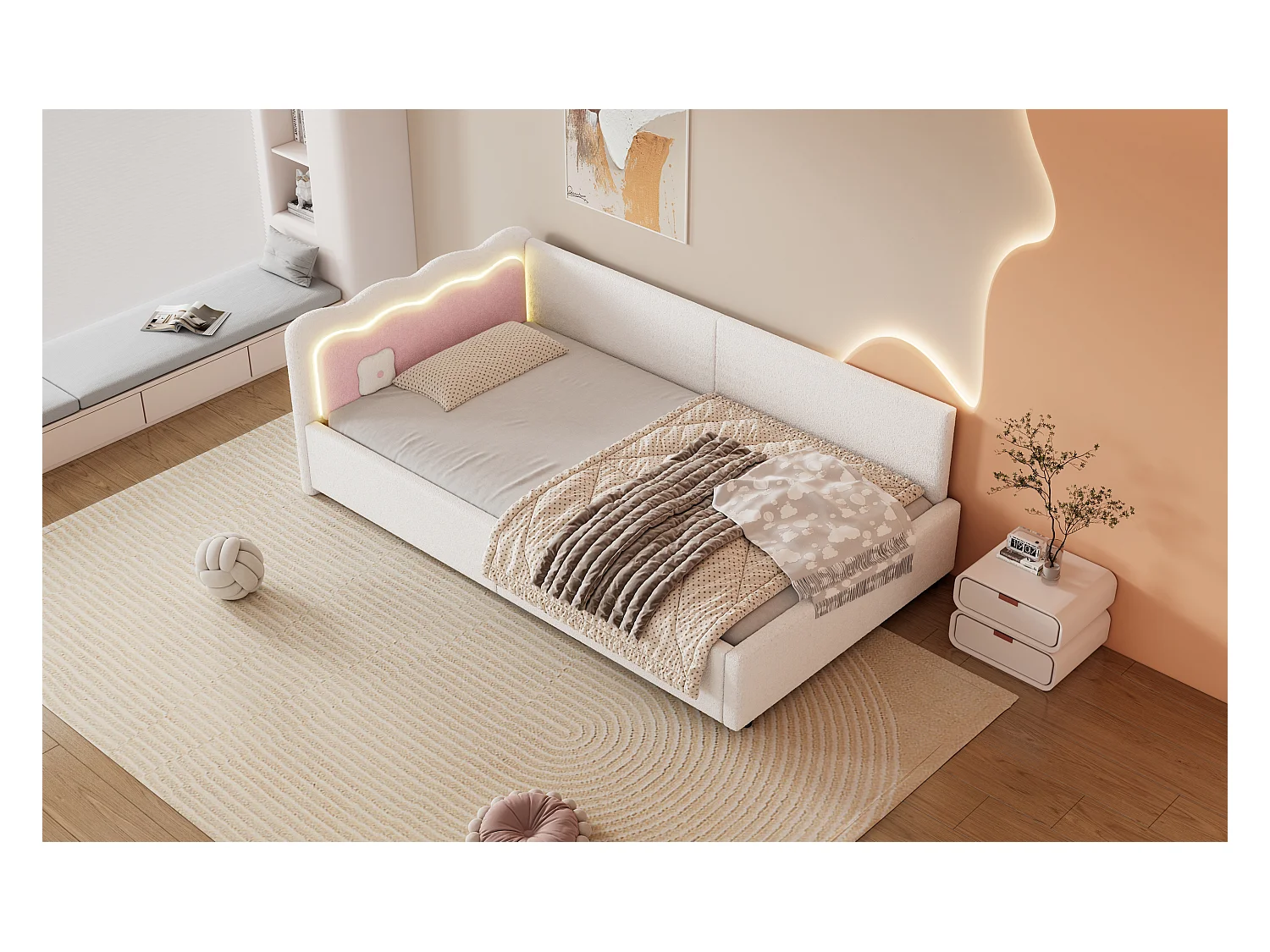 Lit banquette 90x200 cm blanc avec LED et télécommande, sommier inclus, revêtement doux imitation laine