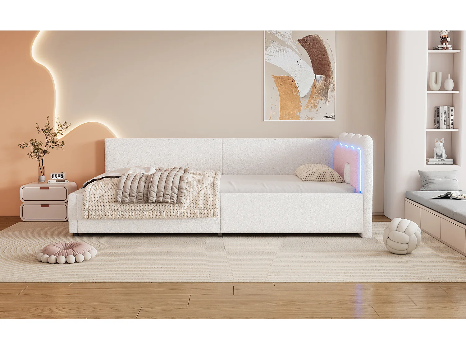 Lit banquette 90x200 cm blanc avec LED et télécommande, sommier inclus, revêtement doux imitation laine