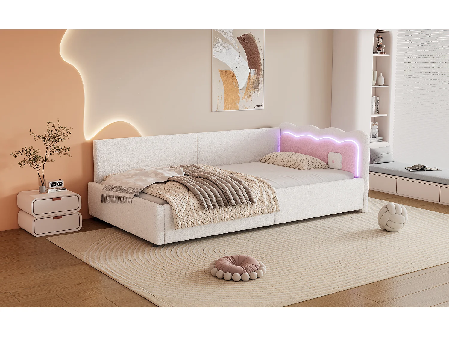 Lit banquette 90x200 cm blanc avec LED et télécommande, sommier inclus, revêtement doux imitation laine