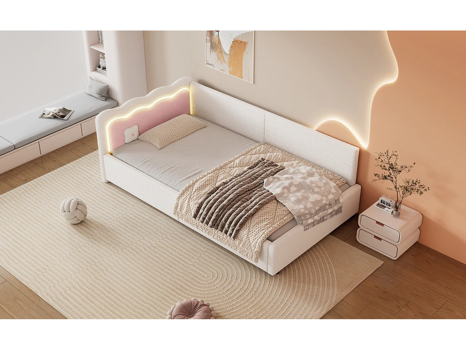Lit banquette 90x200 cm blanc avec LED et télécommande, sommier inclus, revêtement doux imitation laine