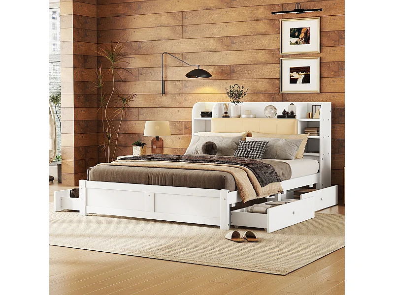 Lit simple 160x200 cm avec tête partiellement relevable, quatre tiroirs et compartiments, design pratique et fonctionnel, Blanc