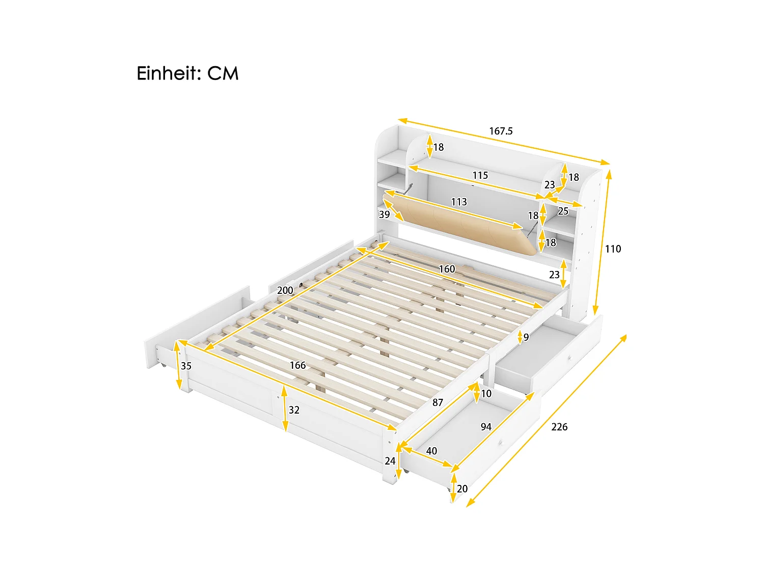 Lit simple 160x200 cm avec tête partiellement relevable, quatre tiroirs et compartiments, design pratique et fonctionnel, Blanc