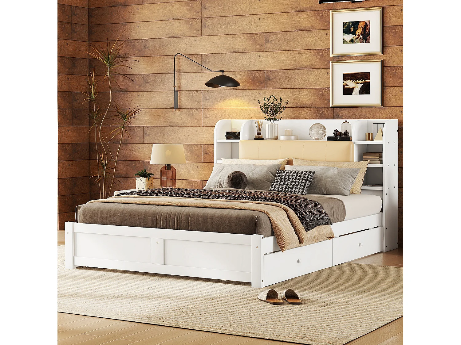 Lit simple 160x200 cm avec tête partiellement relevable, quatre tiroirs et compartiments, design pratique et fonctionnel, Blanc