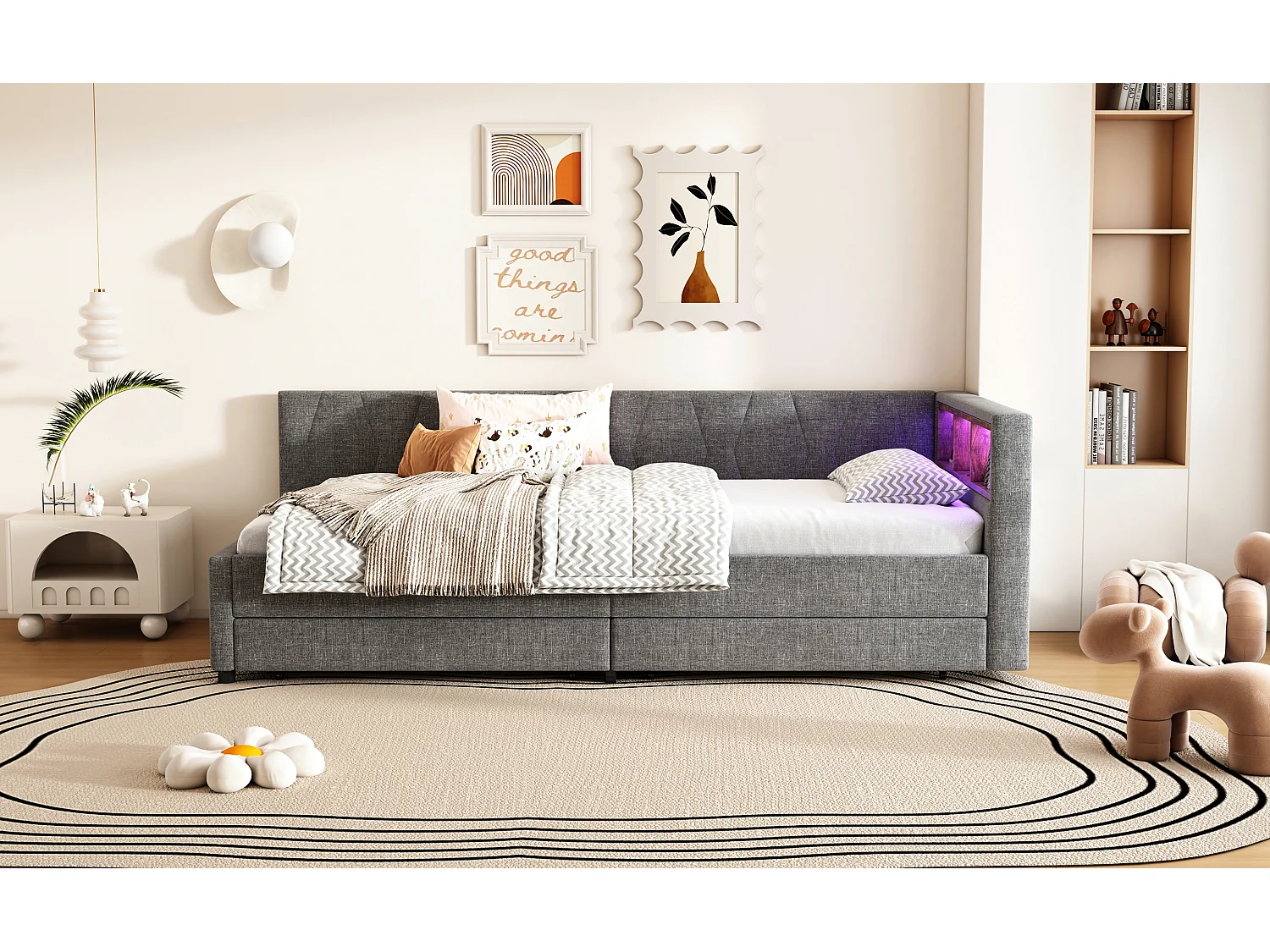 Lit banquette 90x200 cm gris avec LED, télécommande, ports USB et Type-C, deux tiroirs et rangement pratique