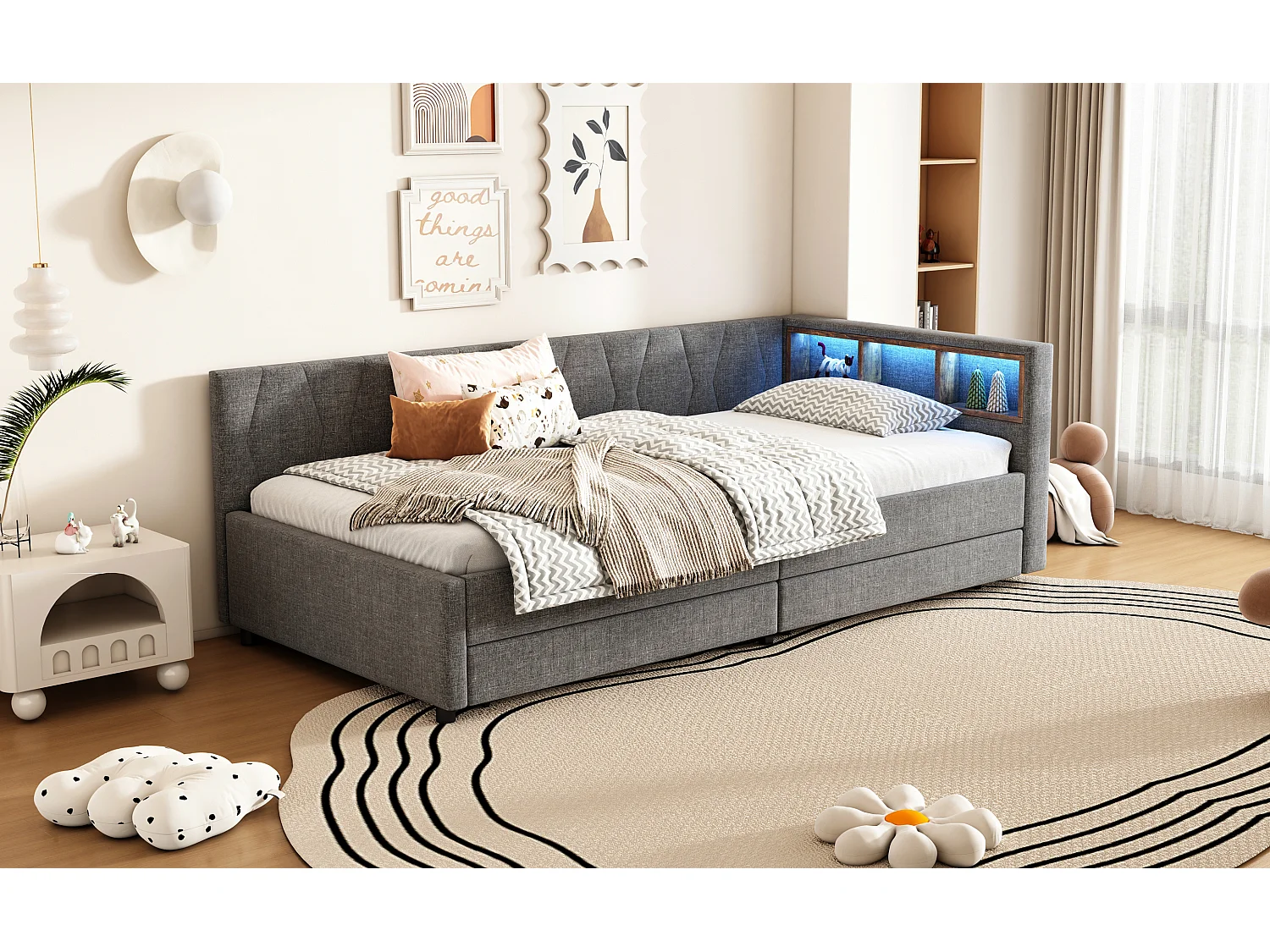 Lit banquette 90x200 cm gris avec LED, télécommande, ports USB et Type-C, deux tiroirs et rangement pratique