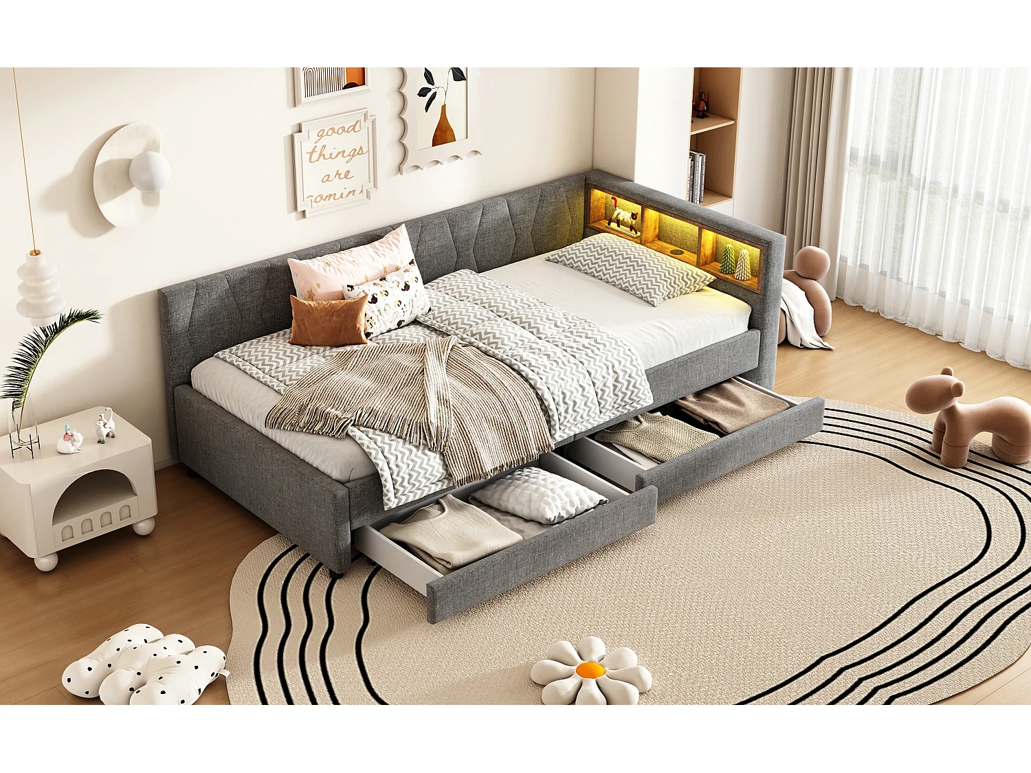 Lit banquette 90x200 cm gris avec LED, télécommande, ports USB et Type-C, deux tiroirs et rangement pratique