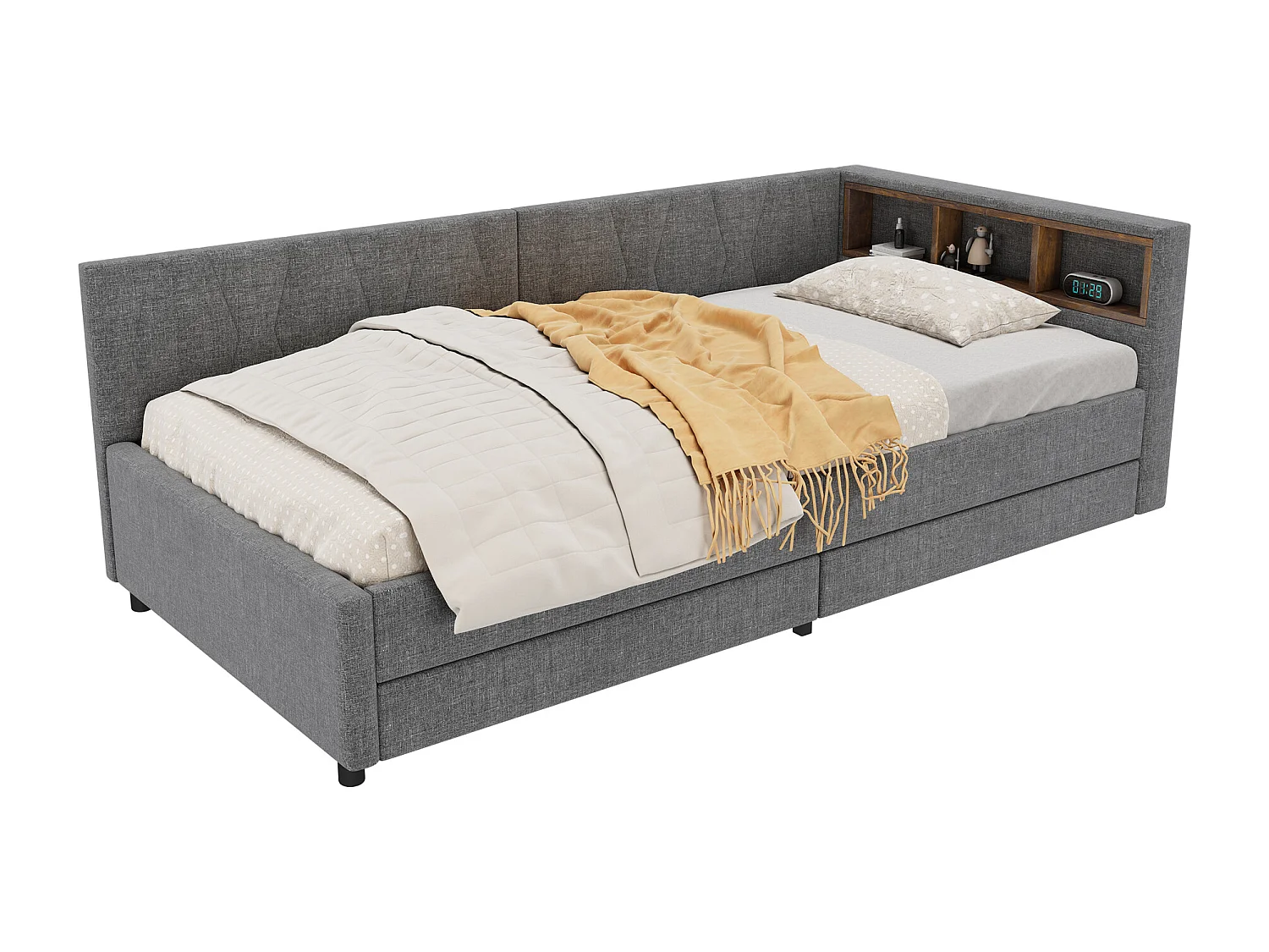 Lit banquette 90x200 cm gris avec LED, télécommande, ports USB et Type-C, deux tiroirs et rangement pratique
