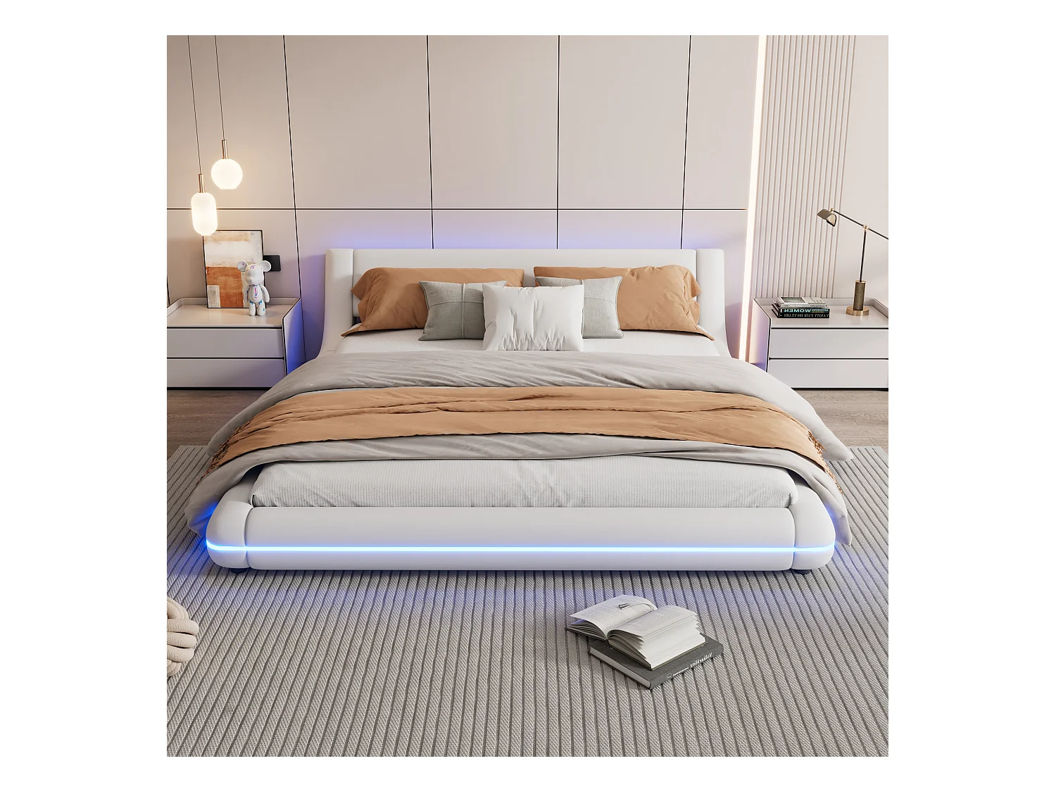 Lit bas 160x200 cm, lit plat PU, éclairage LED réglable, télécommande 24 touches, Blanc
