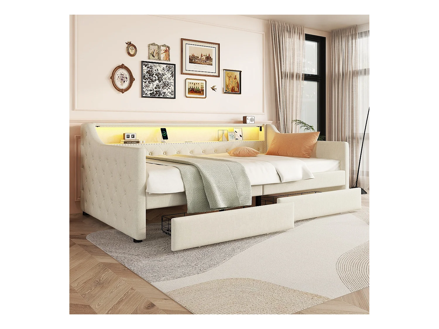Lit banquette 90x200 cm beige avec LED d’ambiance, télécommande, ports USB, deux tiroirs et sommier inclus