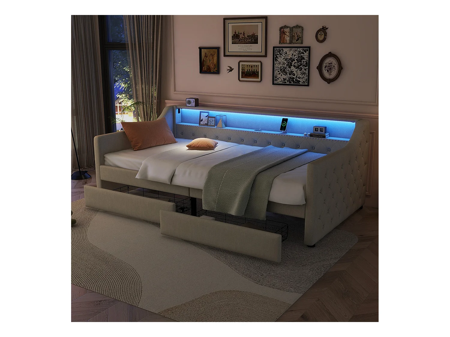 Lit banquette 90x200 cm beige avec LED d’ambiance, télécommande, ports USB, deux tiroirs et sommier inclus