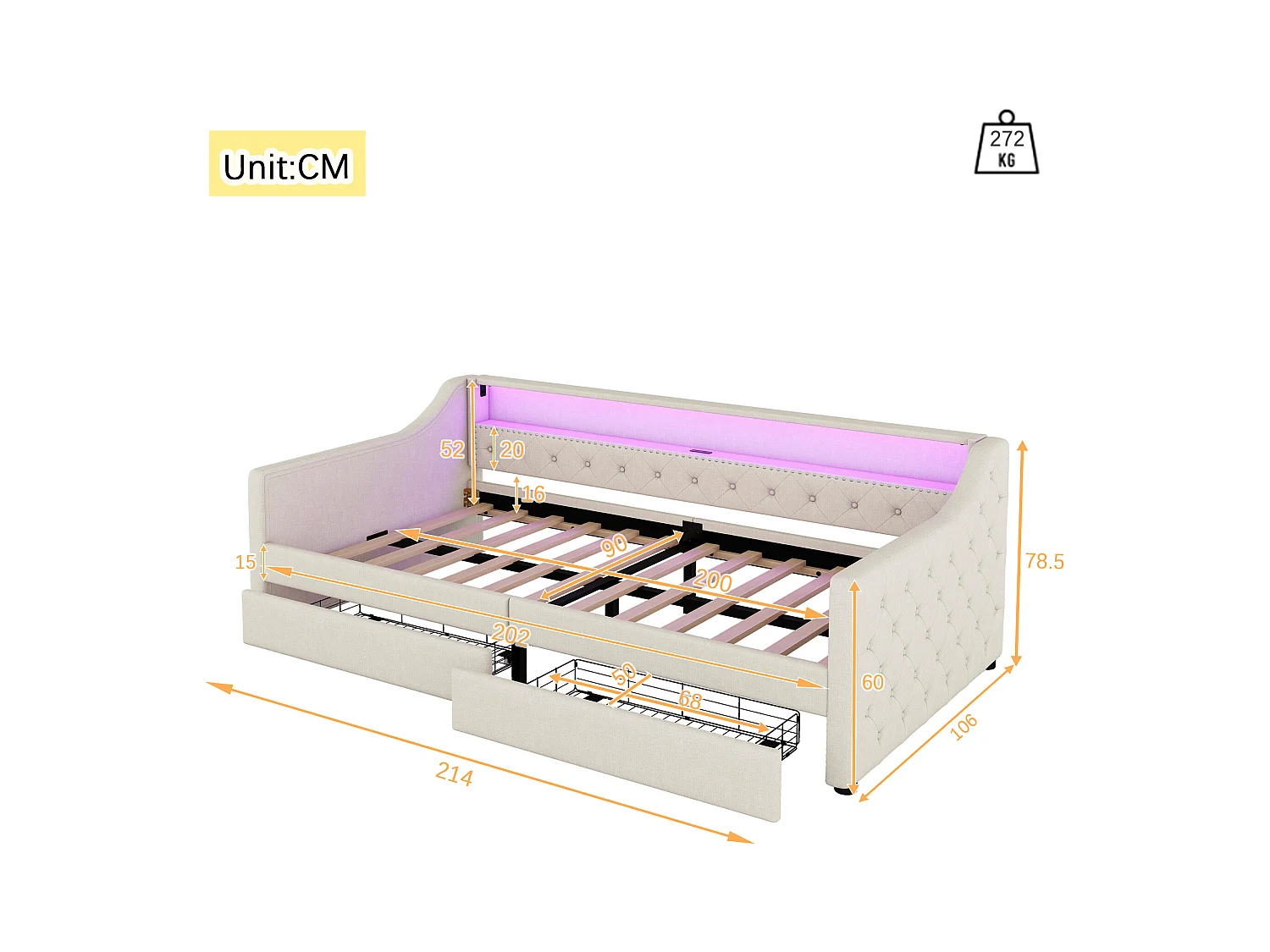 Lit banquette 90x200 cm beige avec LED d’ambiance, télécommande, ports USB, deux tiroirs et sommier inclus