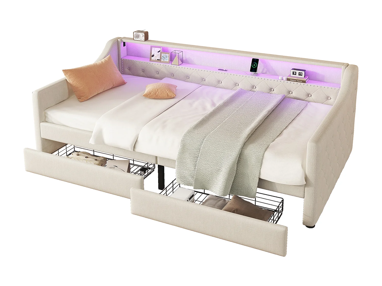 Lit banquette 90x200 cm beige avec LED d’ambiance, télécommande, ports USB, deux tiroirs et sommier inclus
