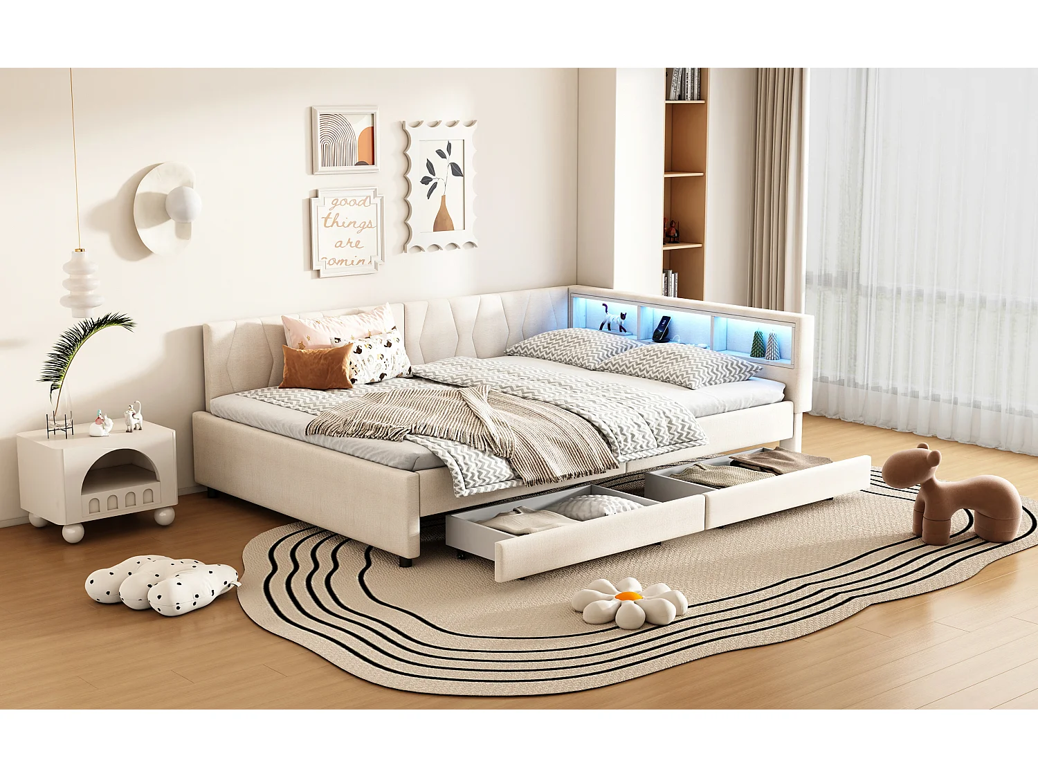 Lit banquette 140x200 cm beige avec LED, télécommande, ports USB et Type-C, deux tiroirs et tête de lit avec rangement