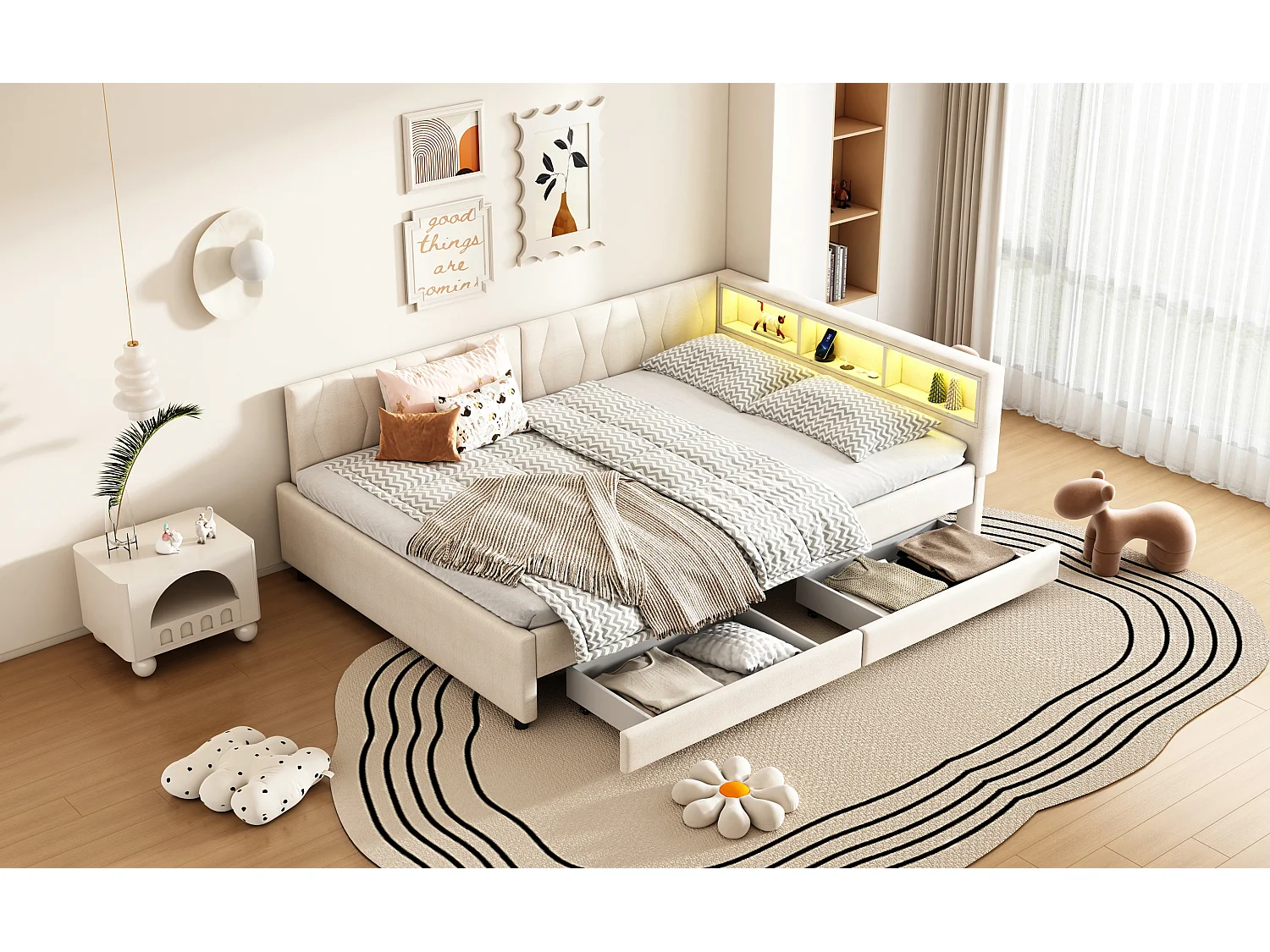 Lit banquette 140x200 cm beige avec LED, télécommande, ports USB et Type-C, deux tiroirs et tête de lit avec rangement