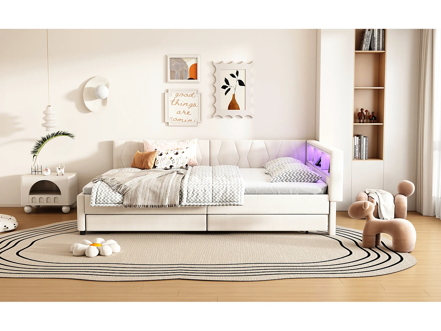 Lit banquette 140x200 cm beige avec LED, télécommande, ports USB et Type-C, deux tiroirs et tête de lit avec rangement