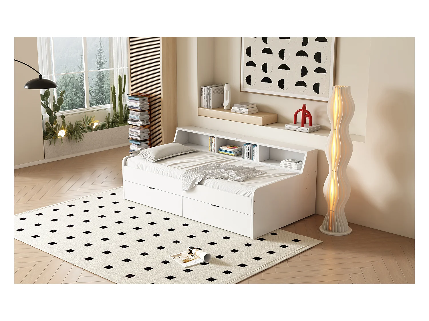 Lit simple 90x200 cm, avec deux tiroirs et compartiment de rangement intégré, pratique et fonctionnel, Blanc