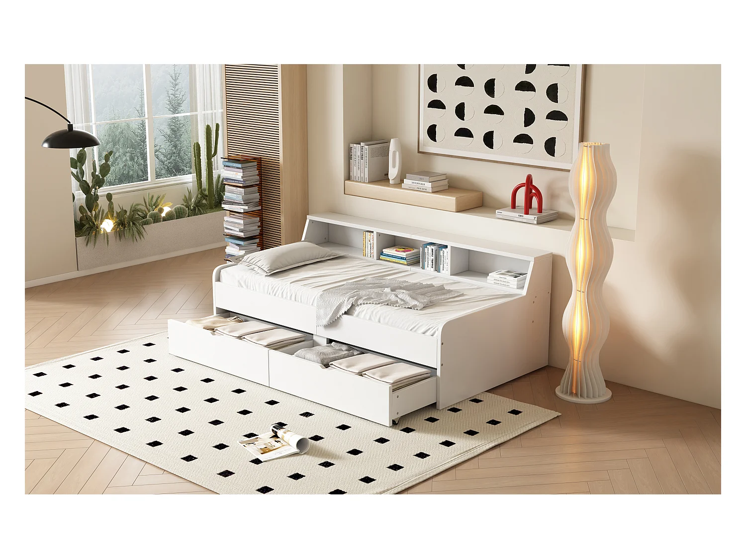 Lit simple 90x200 cm, avec deux tiroirs et compartiment de rangement intégré, pratique et fonctionnel, Blanc