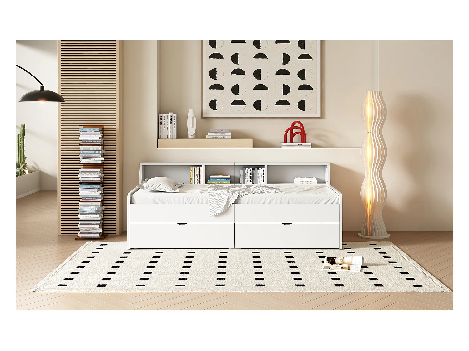 Lit simple 90x200 cm, avec deux tiroirs et compartiment de rangement intégré, pratique et fonctionnel, Blanc