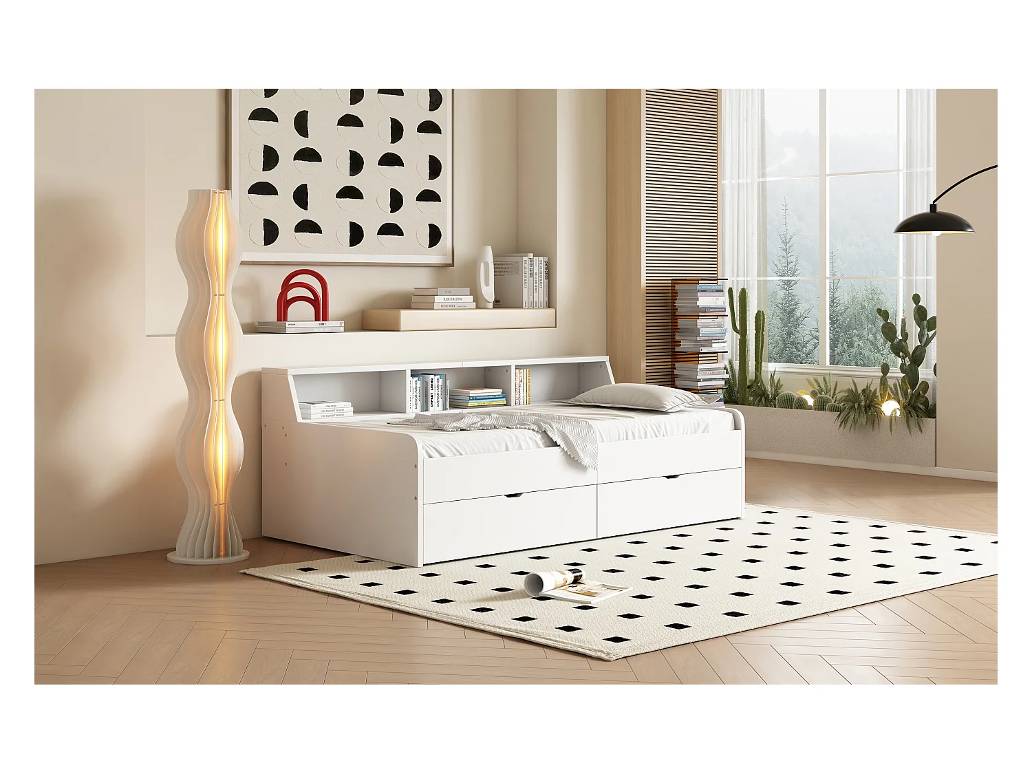 Lit simple 90x200 cm, avec deux tiroirs et compartiment de rangement intégré, pratique et fonctionnel, Blanc