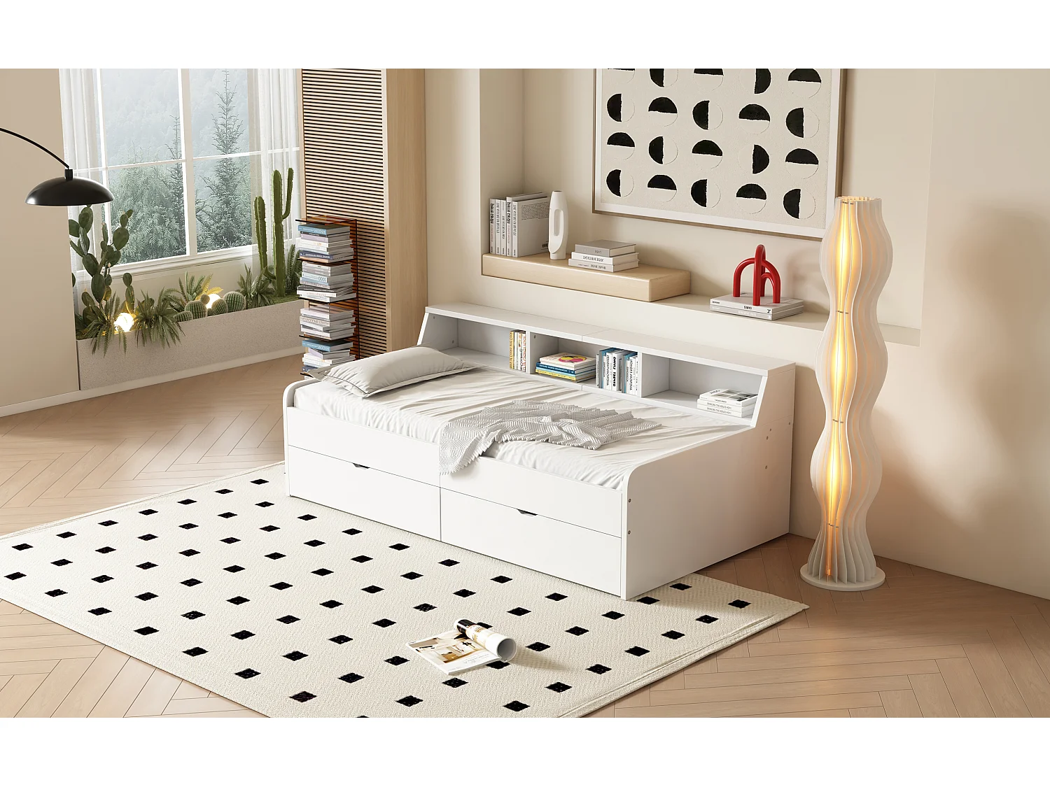 Lit simple 90x200 cm, avec deux tiroirs et compartiment de rangement intégré, pratique et fonctionnel, Blanc