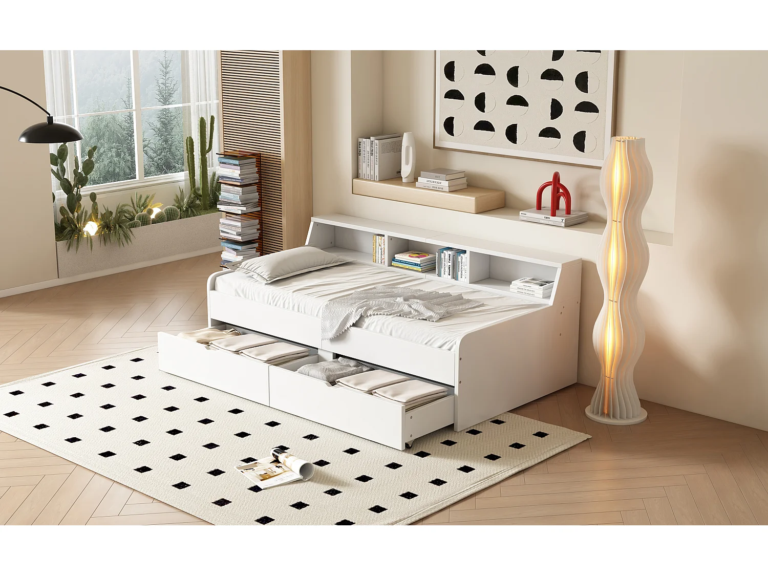 Lit simple 90x200 cm, avec deux tiroirs et compartiment de rangement intégré, pratique et fonctionnel, Blanc