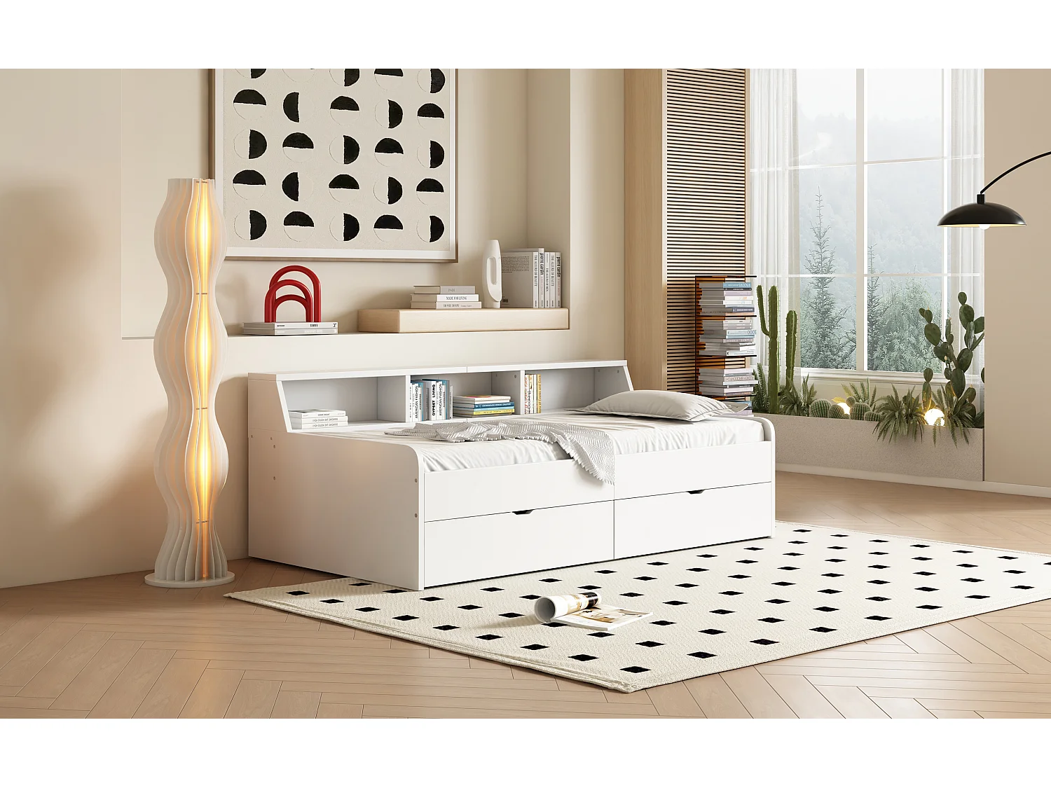 Lit simple 90x200 cm, avec deux tiroirs et compartiment de rangement intégré, pratique et fonctionnel, Blanc