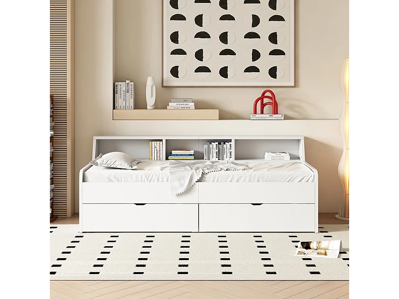 Lit simple 90x200 cm, avec deux tiroirs et compartiment de rangement intégré, pratique et fonctionnel, Blanc