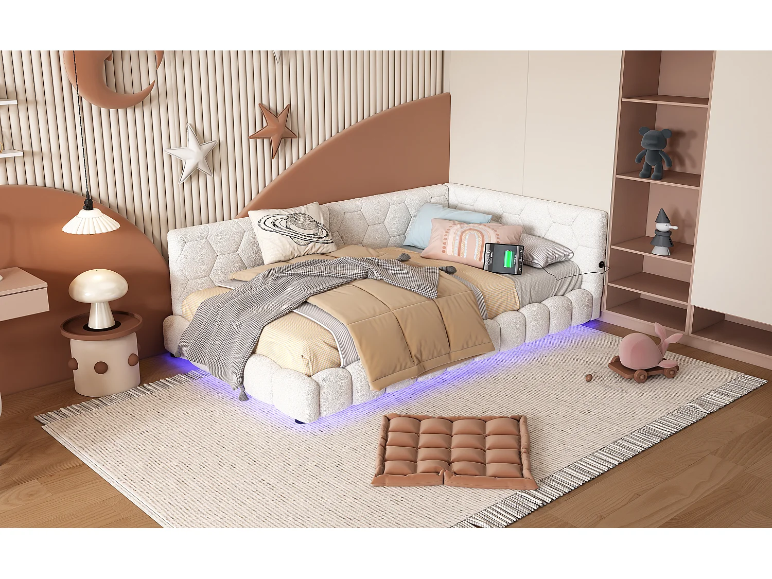 Lit banquette 90x200 cm blanc avec sommier, éclairage LED 16 couleurs, ports USB et Type-C intégrés