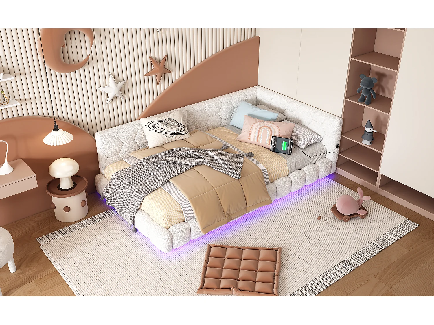 Lit banquette 90x200 cm blanc avec sommier, éclairage LED 16 couleurs, ports USB et Type-C intégrés