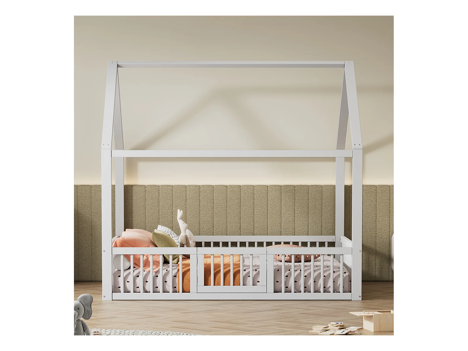 Lit double 140x200 cm en bois massif, lit simple type maison avec petite porte, espace fonctionnel, Blanc