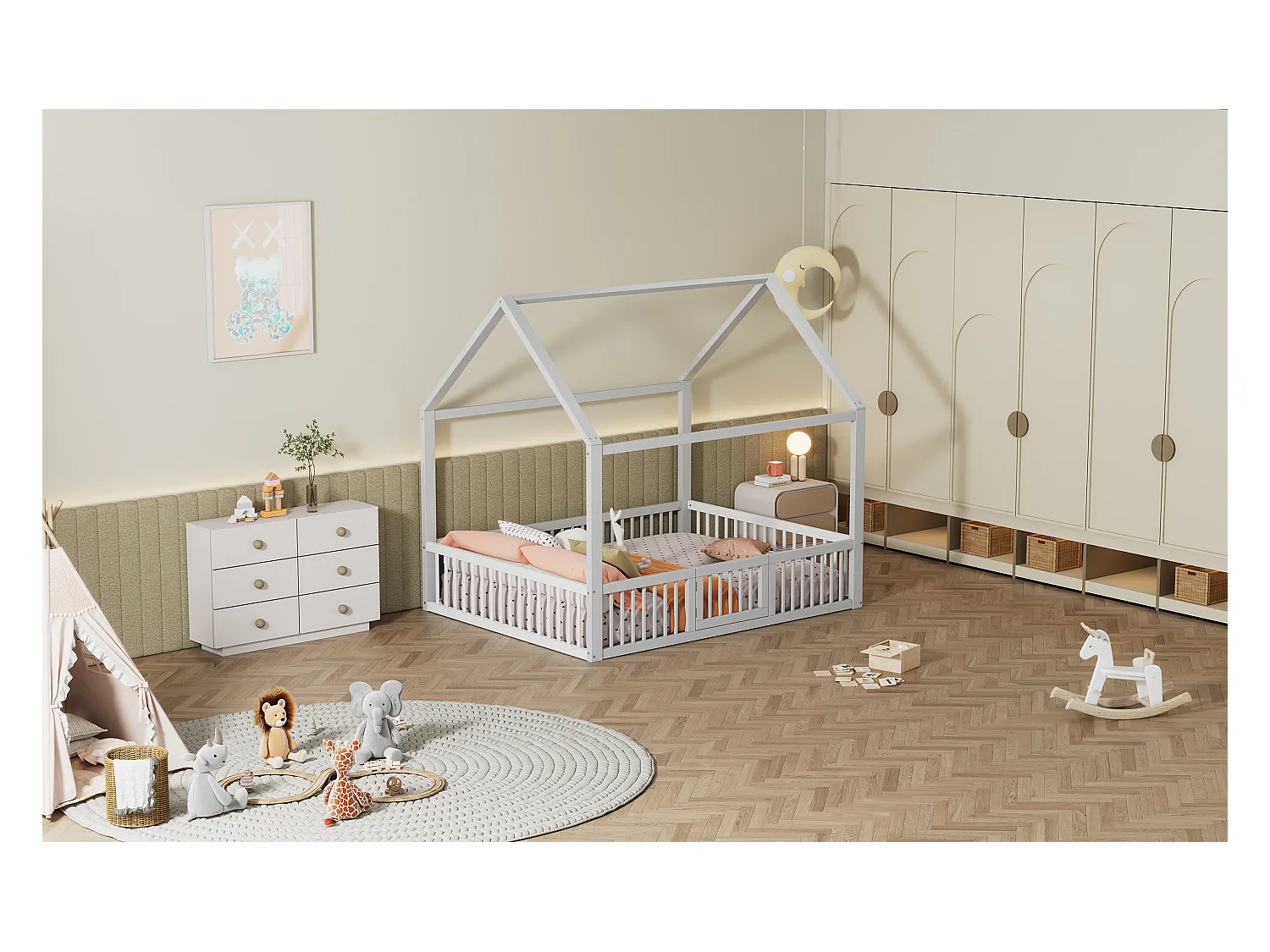 Lit double 140x200 cm en bois massif, lit simple type maison avec petite porte, espace fonctionnel, Blanc