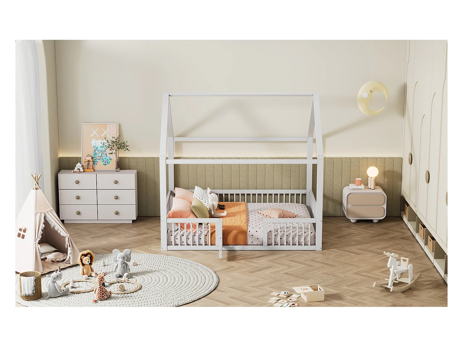 Lit double 140x200 cm en bois massif, lit simple type maison avec petite porte, espace fonctionnel, Blanc