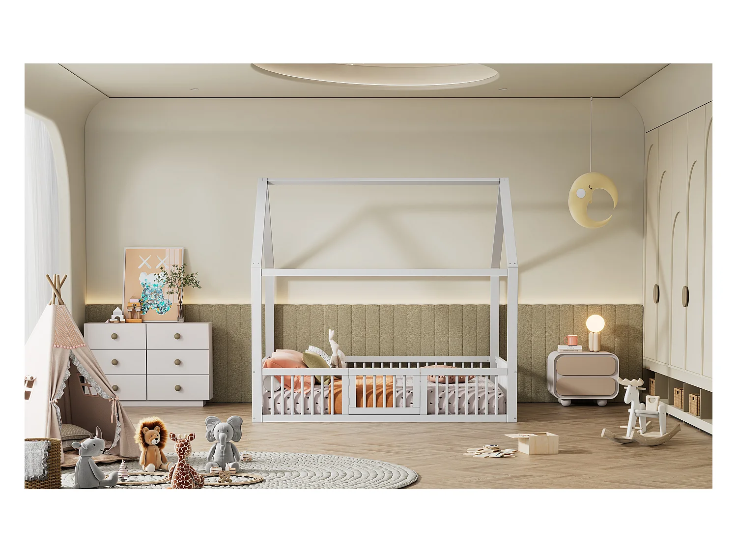 Lit double 140x200 cm en bois massif, lit simple type maison avec petite porte, espace fonctionnel, Blanc