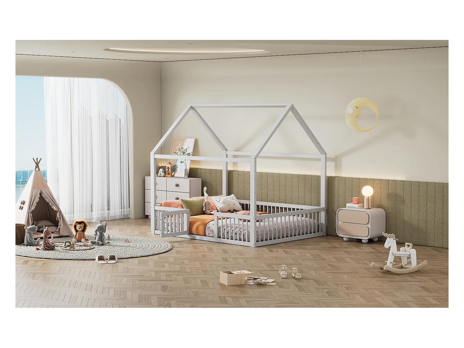 Lit double 140x200 cm en bois massif, lit simple type maison avec petite porte, espace fonctionnel, Blanc