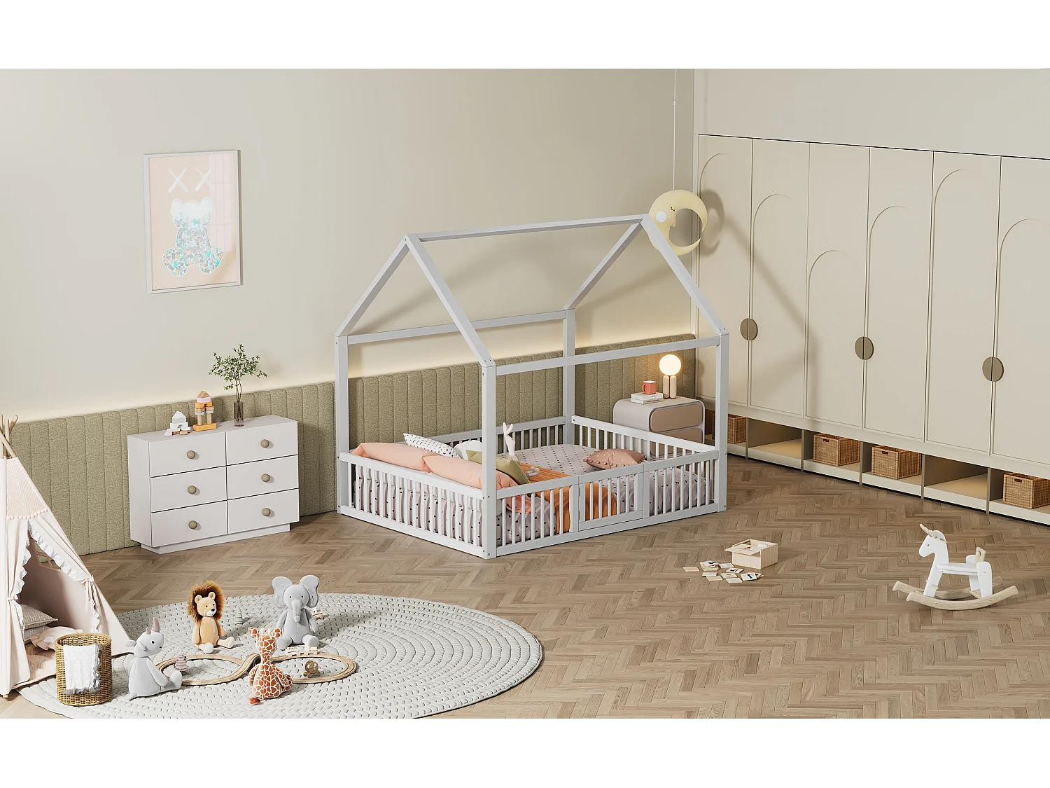 Lit double 140x200 cm en bois massif, lit simple type maison avec petite porte, espace fonctionnel, Blanc