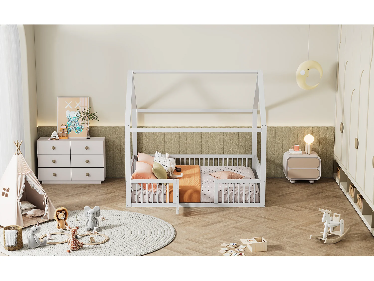 Lit double 140x200 cm en bois massif, lit simple type maison avec petite porte, espace fonctionnel, Blanc