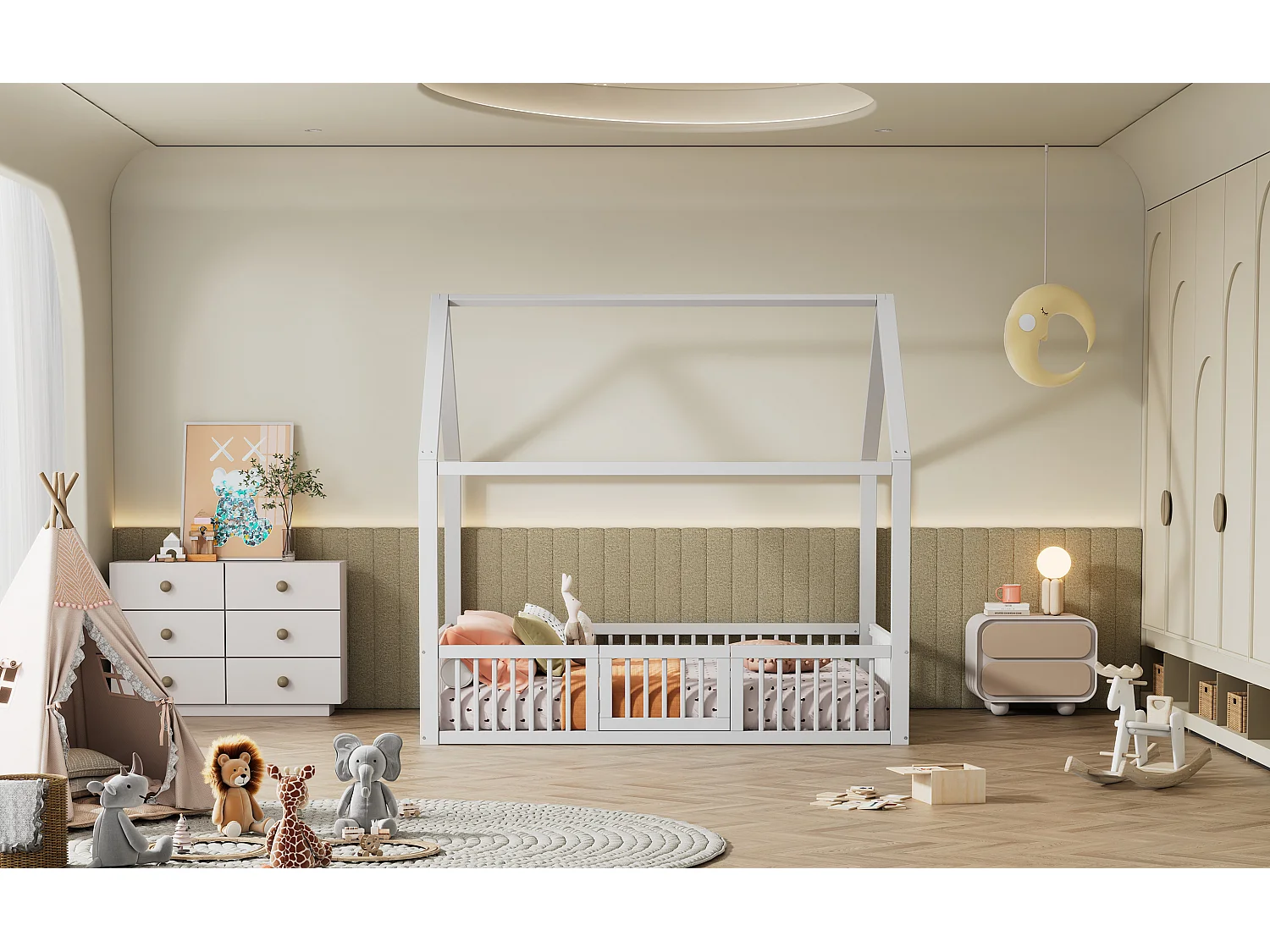 Lit double 140x200 cm en bois massif, lit simple type maison avec petite porte, espace fonctionnel, Blanc