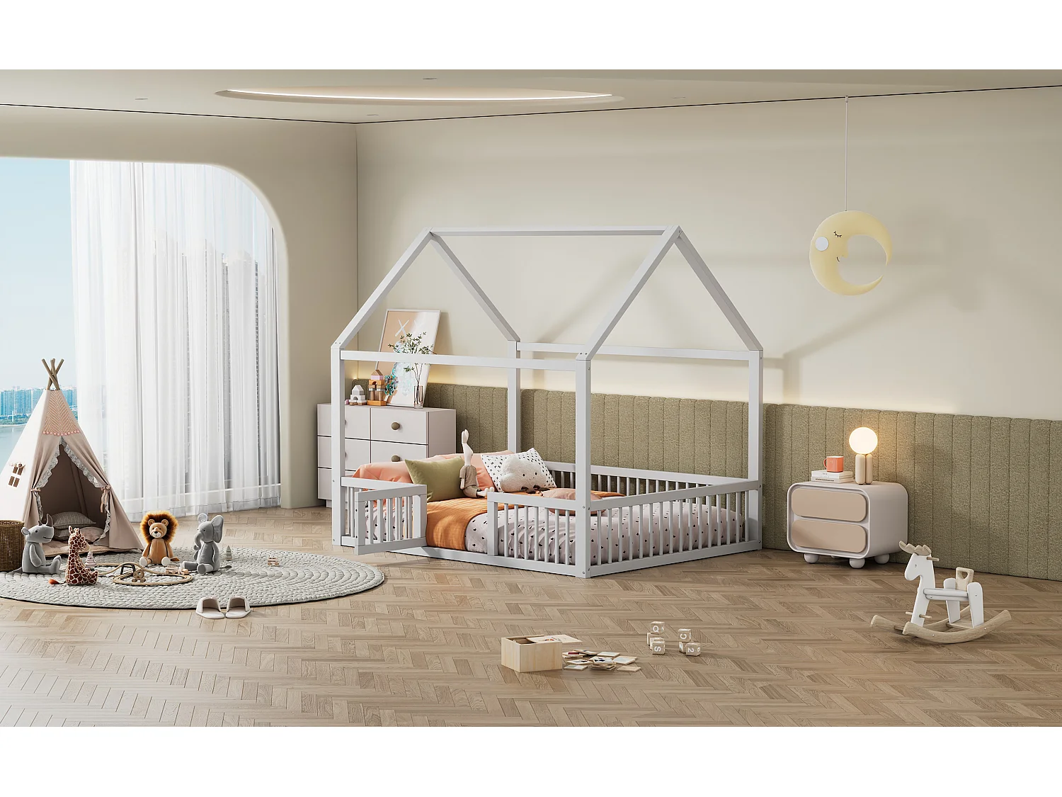 Lit double 140x200 cm en bois massif, lit simple type maison avec petite porte, espace fonctionnel, Blanc