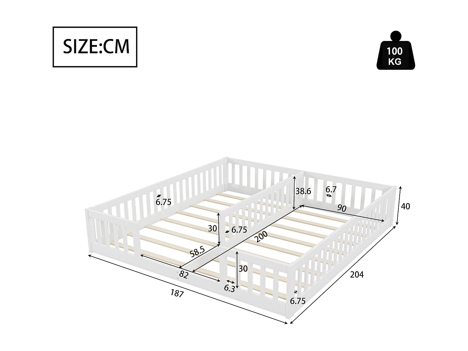 Lit panneaux 90x200 cm pour enfant avec barrières et sommier, adapté pour deux enfants, bois de pin, design minimaliste, Blanc