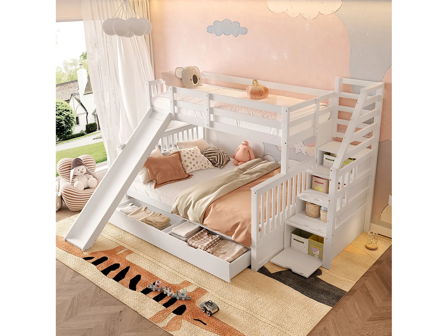 Lit superposé 90x200 sur 140x200 cm blanc avec tiroirs, espaces de rangement et toboggan, pratique et ludique