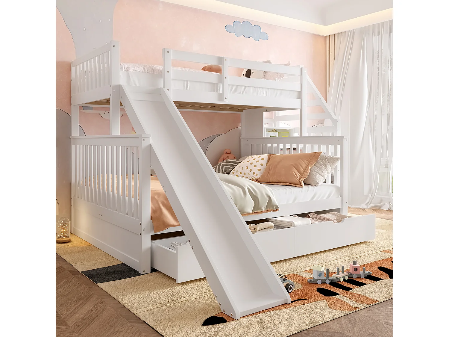 Lit superposé 90x200 sur 140x200 cm blanc avec tiroirs, espaces de rangement et toboggan, pratique et ludique