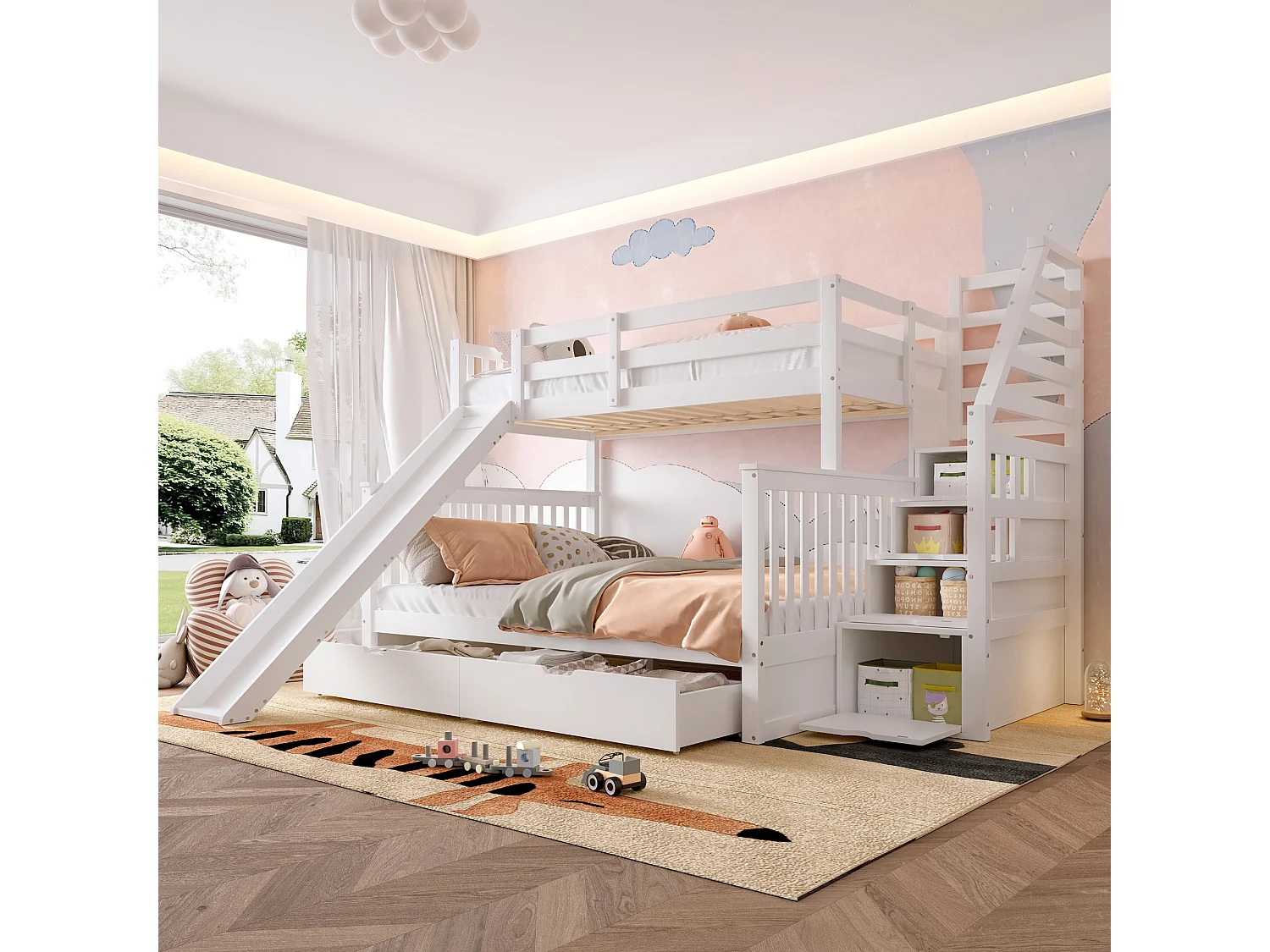 Lit superposé 90x200 sur 140x200 cm blanc avec tiroirs, espaces de rangement et toboggan, pratique et ludique