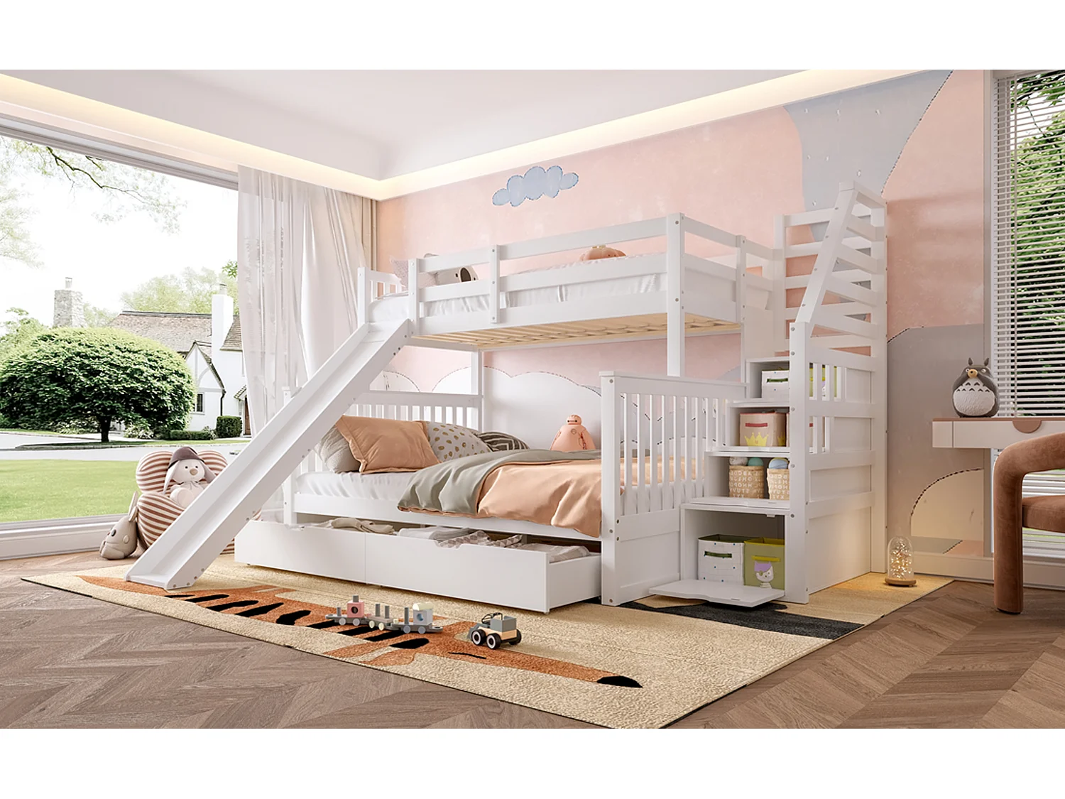 Lit superposé 90x200 sur 140x200 cm blanc avec tiroirs, espaces de rangement et toboggan, pratique et ludique