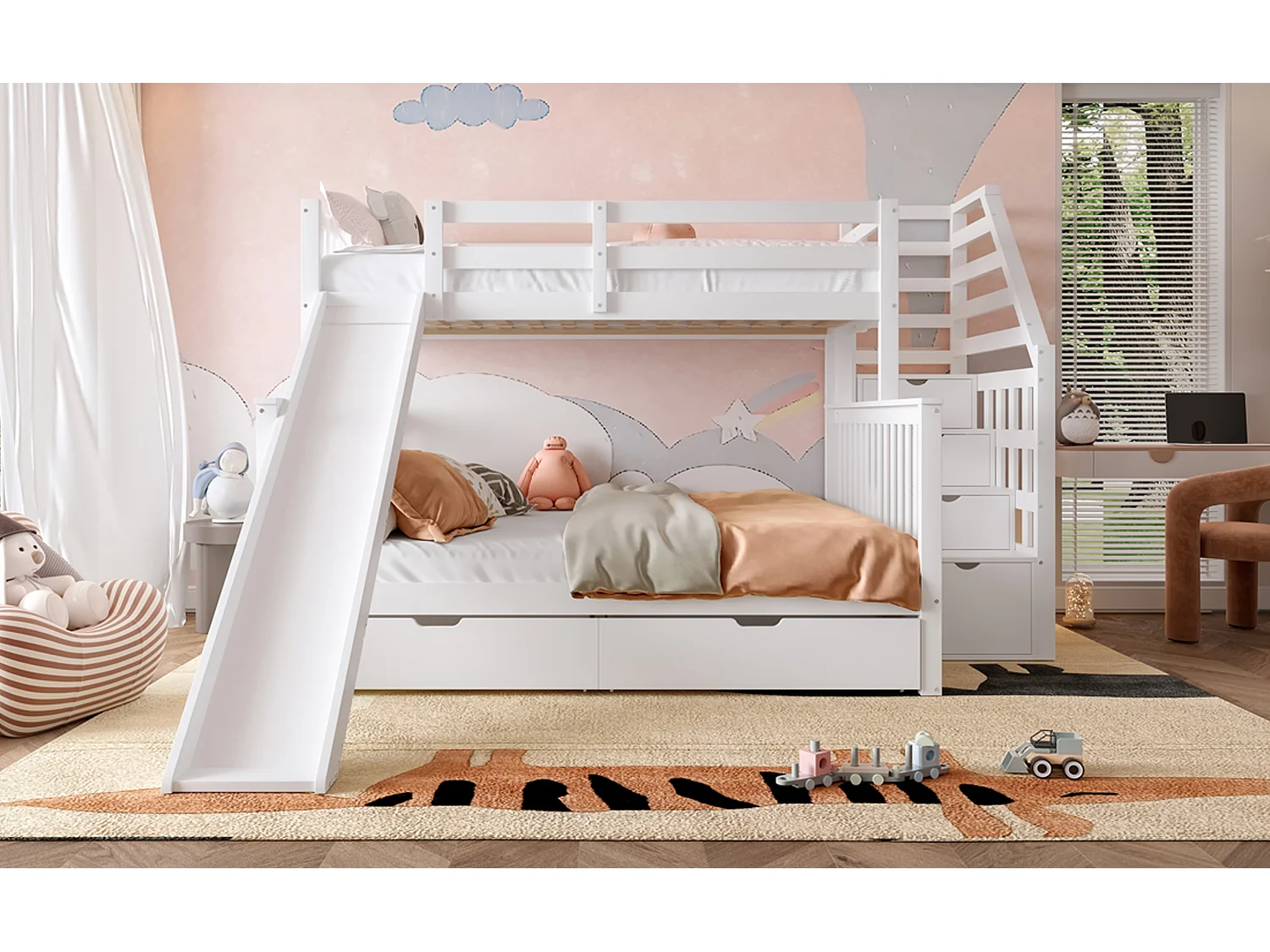 Lit superposé 90x200 sur 140x200 cm blanc avec tiroirs, espaces de rangement et toboggan, pratique et ludique