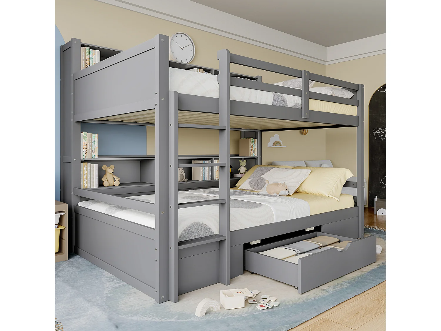 Lit superposé 90x200 cm, lit simple pour enfant avec tiroirs et compartiments de rangement, sans matelas, Gris